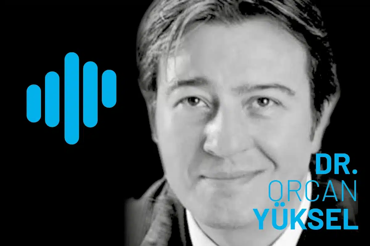 Portrait of Dr. Orcan Yuksel in a grayscale headshot beside a blue soundwave logo on a black background, a podcast key visual for dental innovation.