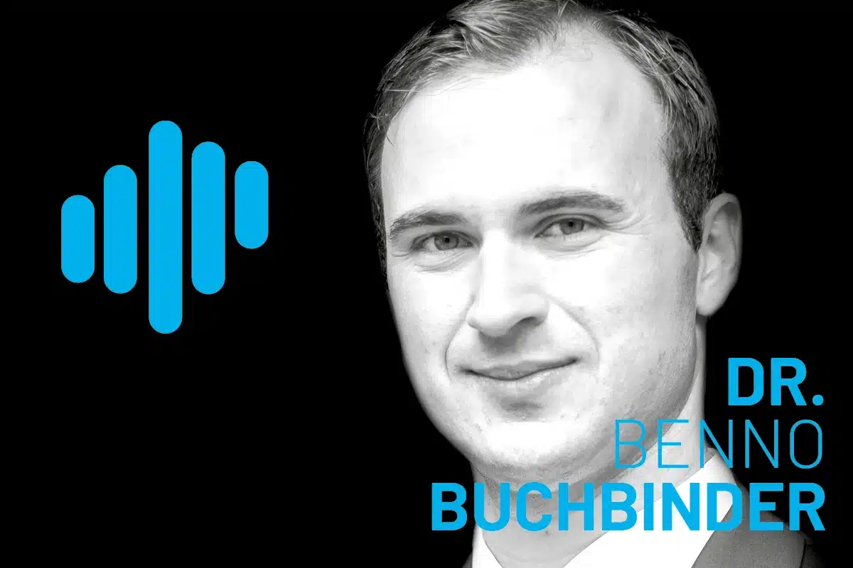 Dr. Benno Buchbinder portrait with a blue wave logo on the left, grayscale headshot against a black background and bold blue typography.
