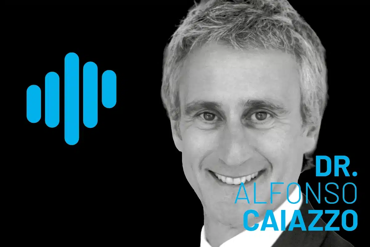 Caiazzo podcast key visual showing Dr. Alfonso Caiazzo in grayscale against a black background with a blue waveform logo to the left and blue text displaying the name.