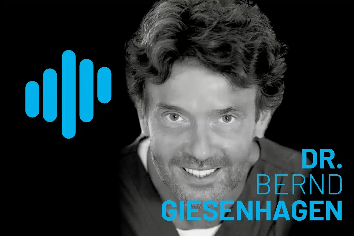 Dr. Bernd Giesenhagen with a cyan waveform logo on a black background; close-up headshot showcasing a friendly smile.