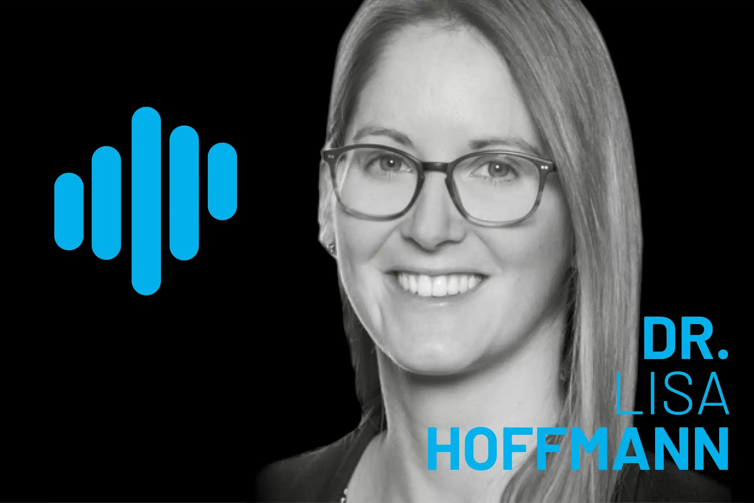 Lisa Hoffmann smiling portrait with glasses on a black background, blue branding marks to the left and blue text reading LISA HOFFMANN across the lower right