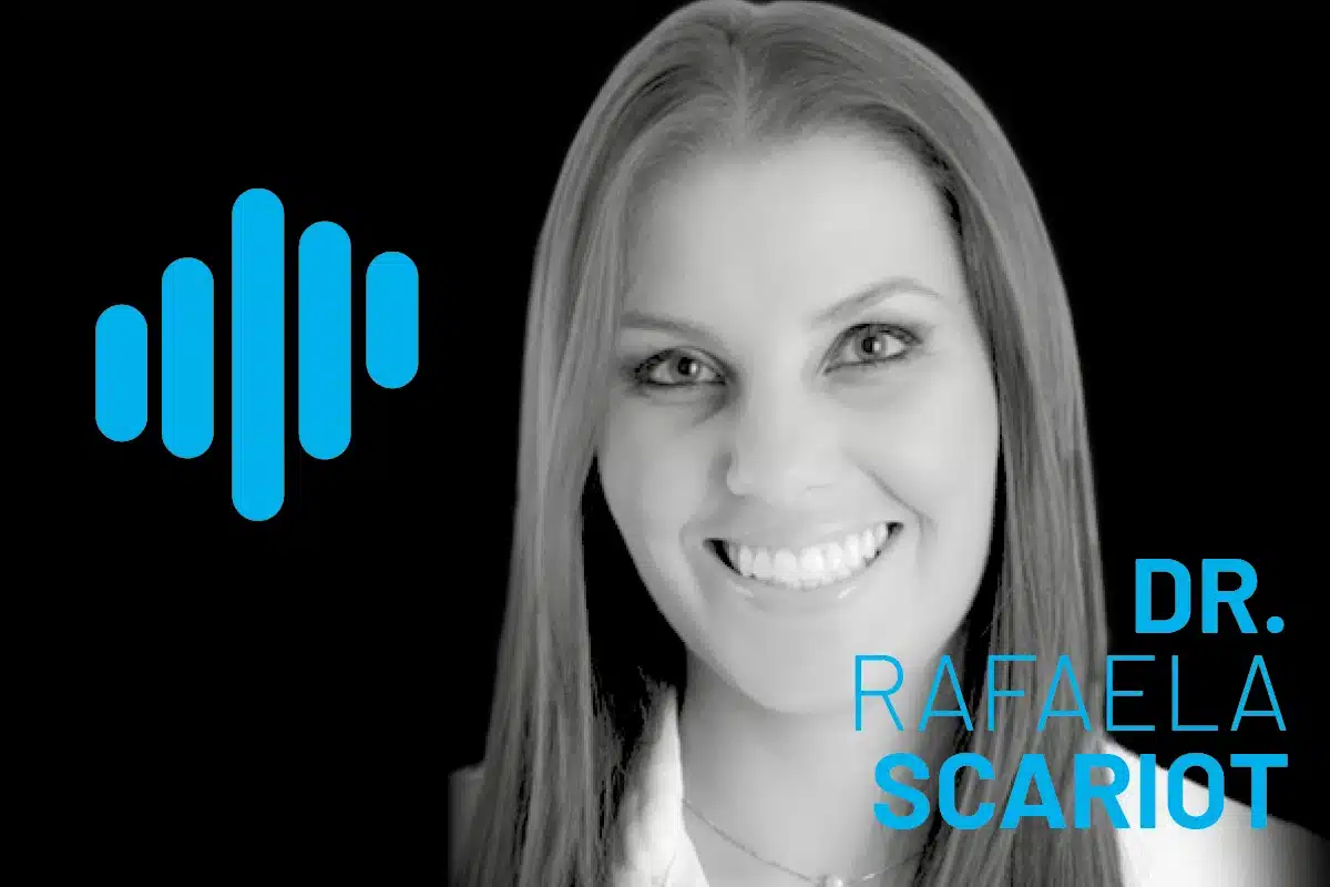 Smiling professional woman on a black background with a blue waveform logo to the left; grayscale portrait accented by bold blue typography in the foreground.