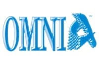 OMNIA blue logo graphic with bold serif letters and a bead-motif silhouette on the right, featuring a glossy, chrome-like finish and reflective highlights.