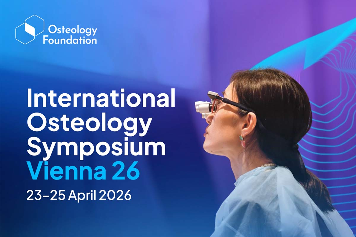 Osteology Symposium Vienna 2026 banner. Woman with surgical loupes. Dental, bone regeneration congress.