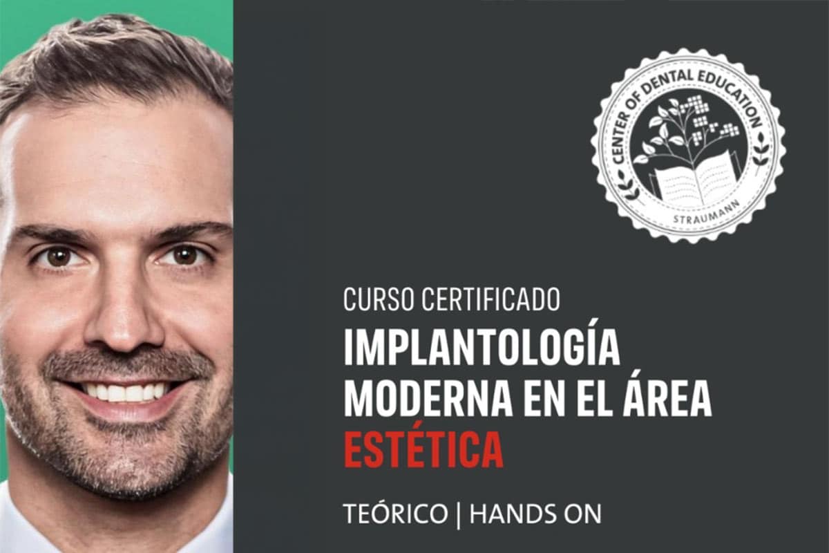 Certified course in modern implantology in the aesthetic area with a smiling male instructor's portrait and educational logo.