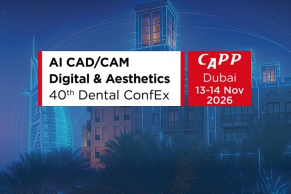 Banner blu con testo AI CAD/CAM Digital & Aesthetics 40th Dental ConfEx, CAPP Dubai 13-14 nov 2026, elementi rossi e bianchi sullo sfondo urbano.