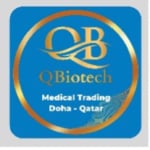 QBiotech logo on a blue background with a gold circular ring, displaying the QB initials and QBiotech name, plus 'Medical Trading Doha - Qatar' text.