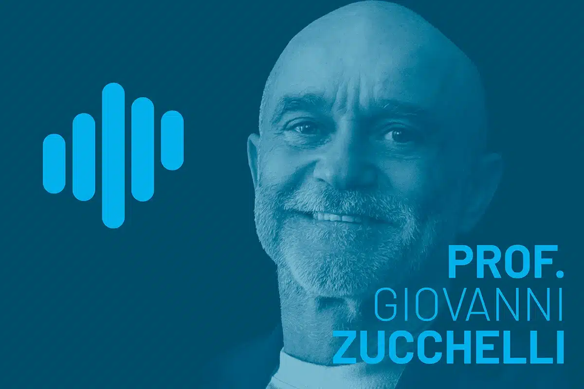 Prof. Giovanni Zucchelli portrait in blue tones with a warm smile, featured as a podcast key visual for dental innovation and research leadership.