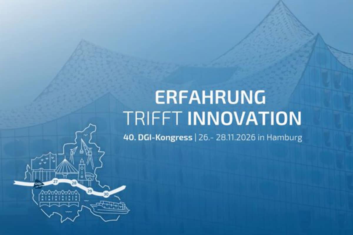 DGI-Kongress 2026 banner in blue gradient with line art map silhouette and landmark outlines, featuring the motto Erfahrung trifft Innovation and Hamburg event dates.