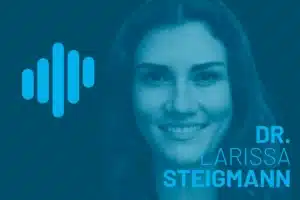 Smiling Dr. Larissa Steigmann in blue-teal podcast key visual for Episode 19 on socket management and alveolar ridge preservation.