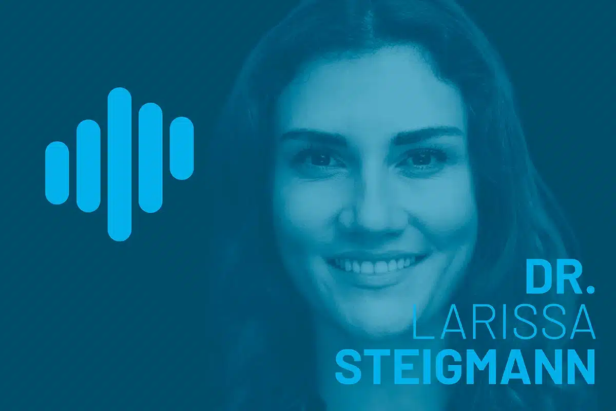 Smiling Dr. Larissa Steigmann in blue-teal podcast key visual for Episode 19 on socket management and alveolar ridge preservation.